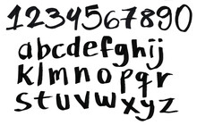 Handwritten Alphabet And Numbers With Marker Pen Brush. 26 Letters A To Z. Writing With Thick Thickness, Stripped And Relaxed. Hand Drawn, Graphic Resource, Layout, Design. Complete Font, Abc Type.