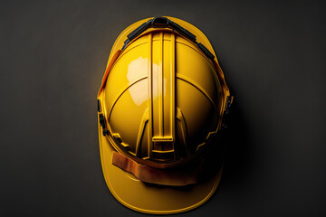 Wall Mural - A yellow working safety hardhat or helmet from top view, industrial PPE equipment object. Generative Ai image.