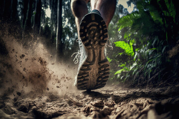 Close-up at the runner feet is running on the dirt route at the jungle. Trail running sport action and human challenge concept. Generative Ai image.