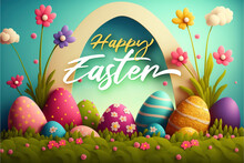 Happy Easter Background With Message, Easter Eggs And Nature Scene