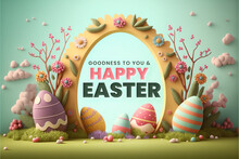 Happy Easter Background With Message, Frame And Easter Eggs Scene