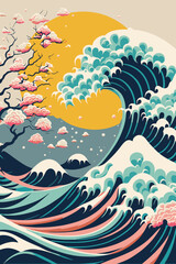 big ocean wave with sun poster in japanese style vector illustration