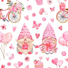 Watercolor Valentine's Day Seamless Pattern. Cute Gnome Couple Repeat Print With Red Heart, Flowers, Gift, Bike, Air Balloons On White Background.