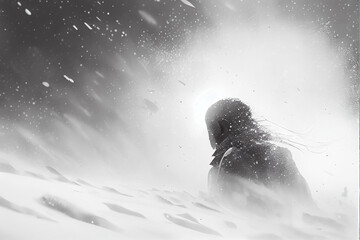 Wall Mural - Digital art, a person moving forward in the wind and snow