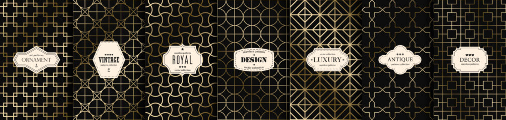 Wall Mural - Collection of art deco vector geometric patterns - seamless luxury gold gradient design. Rich endless ornamental backgrounds