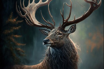 a painting of a deer with large antlers on it's head and a forest in the background with trees in th