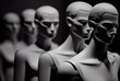 A row of creepy looking mannequins with depth of field. Black and white artwork that gives off a feeling of uneasiness. Generative AI.
