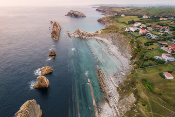 Wall Mural - Aerial view of the Flysch geological coastline, Flysch formations in Santander in the Basque Country, Spain