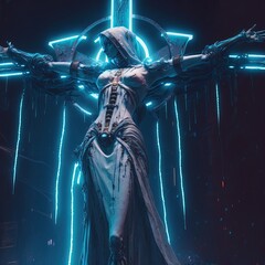 Saint mary on the cross. Cyberpunk. Neon light. Generative AI