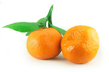 Tangerine fruit with green leaf isolated on white background high quality details