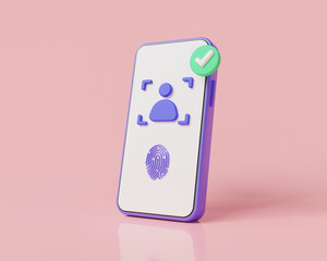 Poster - 3d render illustration of fingerprint on mobile phone. cyber secure, finger digital security, personal privacy security, scanning fingerprint, Finger touch scanner. Mobile data security concept