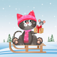 Poster - illustration of cat on sled in the snow