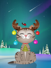 Canvas Print - illustration of Christmas kitten with reindeer horns