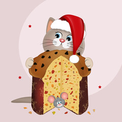 Poster - illustration of Christmas card with kitten with panettone