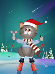 Wall Mural - illustration of Christmas kitten with ski