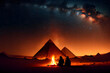 Silhouette of two nomads sitting by a bonfire in the desert in ancient Egypt with the milky way in the sky above, a beautiful night, and a Pyramid.