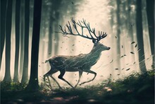 A Deer Running Through A Forest With Birds Flying Around It's Neck And Antlers On Its Back, With Trees And Leaves In The Foreground, And A Bird In The Foreground. Generative AI