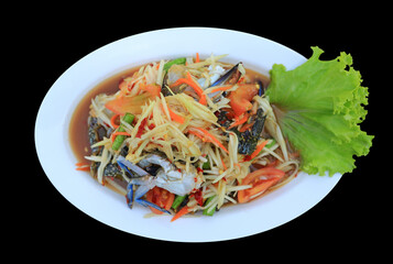 Poster - Horse crab papaya salad in dish isolated on black background. Top view.