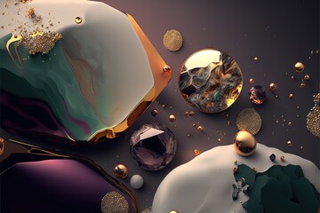 Wall Mural -  a group of objects that are on a table together with a mirror in the middle of the table and gold and silver decorations around the edges of the table top of the table, generative ai