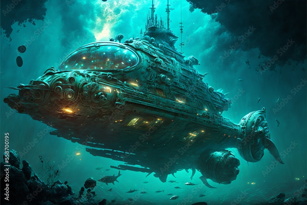 Aquatic deep sea sci-fi robotic biomechanical submarine creatures in ...