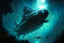 Aquatic Deep Sea Sci-fi Robotic Biomechanical Submarine Creatures In Underwater Fantasy Landscape