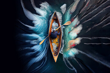 aerial view man kayaking at rough river. Generative Ai