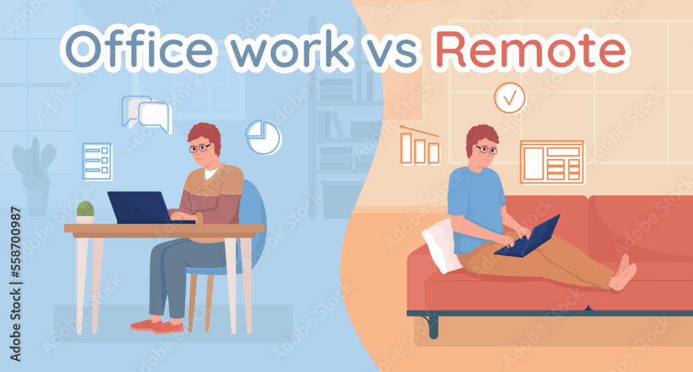 Distance Employee Office work versus remote flat vector banner template. Choosing ...