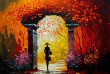 Oil Painting Style Illustration Of  Beautiful Town Gate With Woman Wearing  