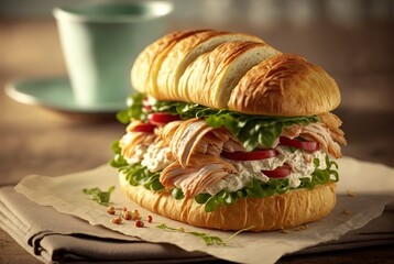 Wall Mural - illustration of close up Croissant club sandwich look yummy