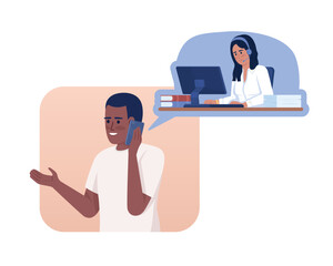 Poster - Telephone interview 2D vector isolated illustration. Customer talking about experience with operator flat characters on cartoon background. Colorful editable scene for mobile, website, presentation