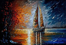 Oil Paint Style Illustration Of Seascape With Yacht