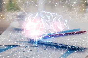 Poster - Double exposure of desktop with computer and brain drawing hologram. Artificial intelligence concept.