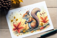 A Painting Of A Squirrel Sitting On A Tree Branch With Autumn Leaves Around It And A Pine Cone On The Side Of The Picture, With A Pencil And A Pine Cone On The Table.