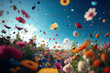 Leinwandbild Motiv a beautiful field of flowers with flying petals,