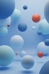 Wall Mural - 3D render of blue, light blue and red spheres of different sizes floating on a blue background