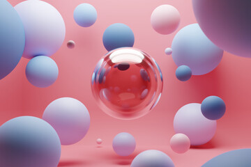 Wall Mural - 3D render of different sized spheres made of glass and other materials floating on a pink background. Color of spheres: blue, light blue and purple