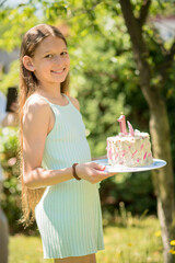 Sticker - girl with birthday cake. woman holding cake