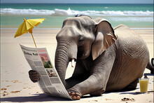 An Elephant On Vacation On The Beach Reading A Newspaper And Resting On The Sand In Front Of The Sea