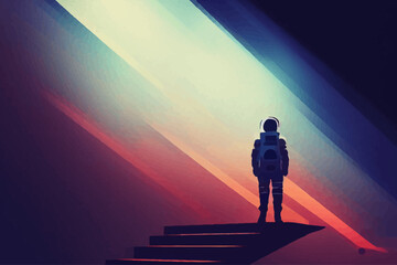 Wall Mural - spaceman standing on the futuristic stairs and looking