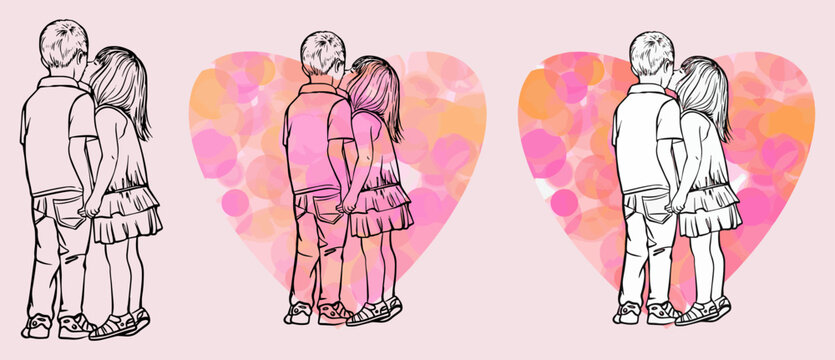 children hugging in the heart. vector black and white and color drawing. valentine's day. love stori