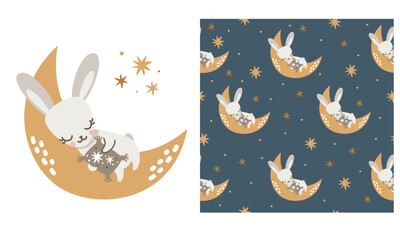 Wall Mural - Vector print set and seamless pattern. Seamless vector pattern. Cute bunny, rabbit sleeping on the moon. Night sky and stars 