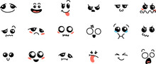 Various Cartoon Emoticons Set. Doodle Faces, Eyes And Mouth. Caricature Comic Expressive Emotions, Smiling, Crying And Surprised Character Face Expressions