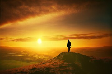  a woman standing on top of a boat in the water at sunset with a city in the background and a sun setting behind her, with a silhouetted by a tall building with  Generative AI