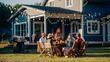 © Gorodenkoff - Big Family and Friends Celebrating Outside at Home. Diverse Group of Children, Adults and Old People Gathered at a Table, Having Fun Conversations. Preparing Barbecue and Eating Vegetables.