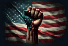 Raising Human Fist In The Air, Usa Us Flag Background, Symbol Concept Of Protest  Resistance, Standing Up For Beliefs Fighting For Justice, United States, Illustration Digital Generative Ai Design