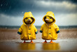 Zwei Entenküken im Regen tragen gelbe Regenmäntel - Generative AI