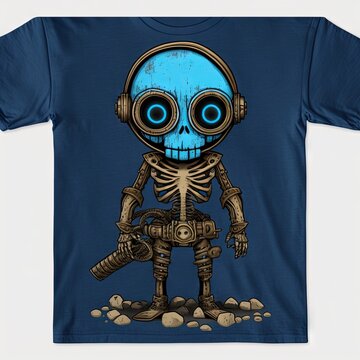  a blue t - shirt with an image of a skeleton with headphones and a gun in his hand. Generative AI
