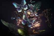  A Bouquet Of Flowers With Butterflies On A Dark Background With A Butterfly Flying Over It And A Butterfly In The Middle Of The Bouquet Of The Flowers.