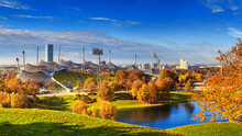 Autumn Cityscape - View Of The Olympiapark Or Olympic Park And Olympic Lake In Munich, Bavaria, Germany