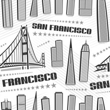 Vector San Francisco Seamless Pattern, Repeating Background With Illustration Of Famous American City Scape On White Background For Wrapping Paper, Line Art Urban Poster With Dark Text San Francisco